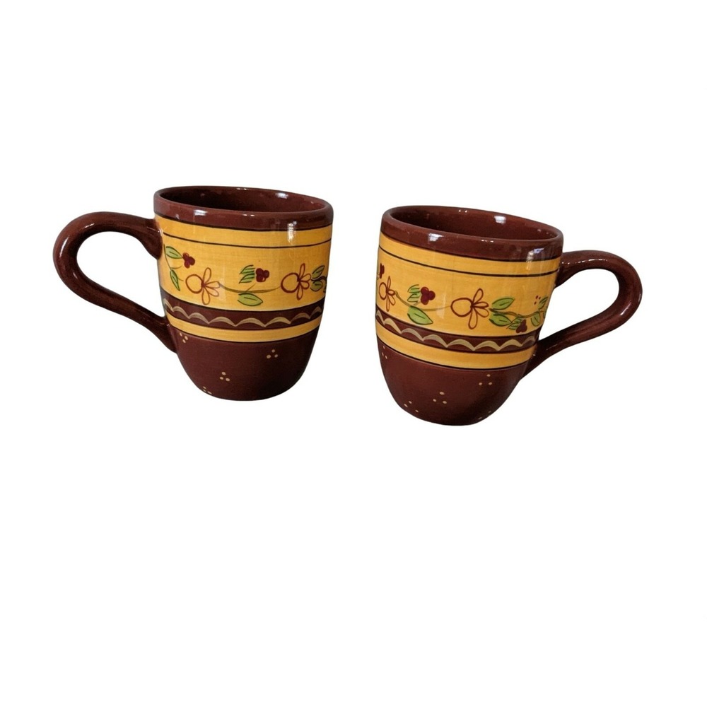 Tuscany Fields Ceramic Coffee‎ Mugs Set of 2 Brown Yellow Floral Hand Painted